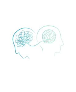 Two heads with on untangled ball of wool in and other with a neat rolled ball of wall